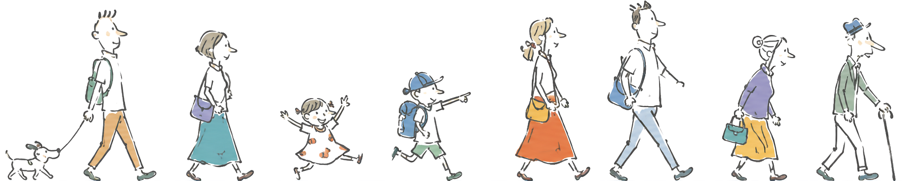 親子三世代が一列になって歩くイラスト