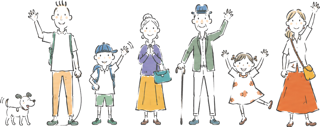 幅広い世代の家族と犬が笑顔で手を振るイラスト